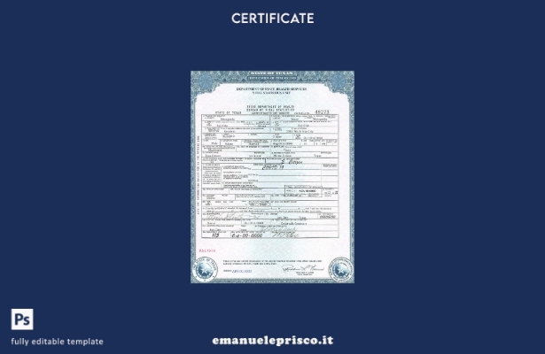 modello di certificato di morte dello stato USA Texas in stile verificato in for